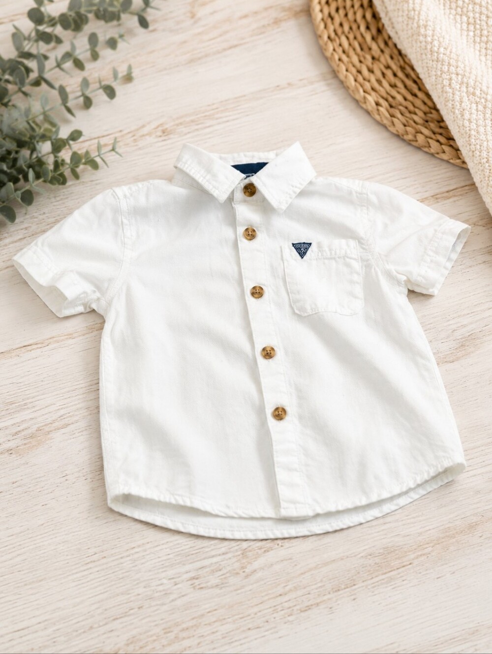 Guess Baby Boy White Button-Down Shirt – Brown Buttons – Size 18M
